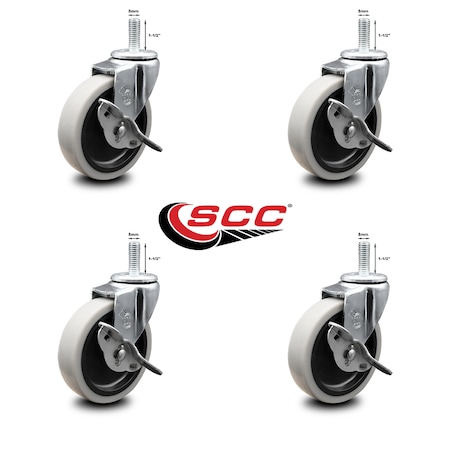 Service Caster 4 Inch Thermoplastic Wheel 8mm Threaded Stem Caster Set with Brakes SCC, 4PK SCC-TS05S410-TPRS-SLB-M815-4